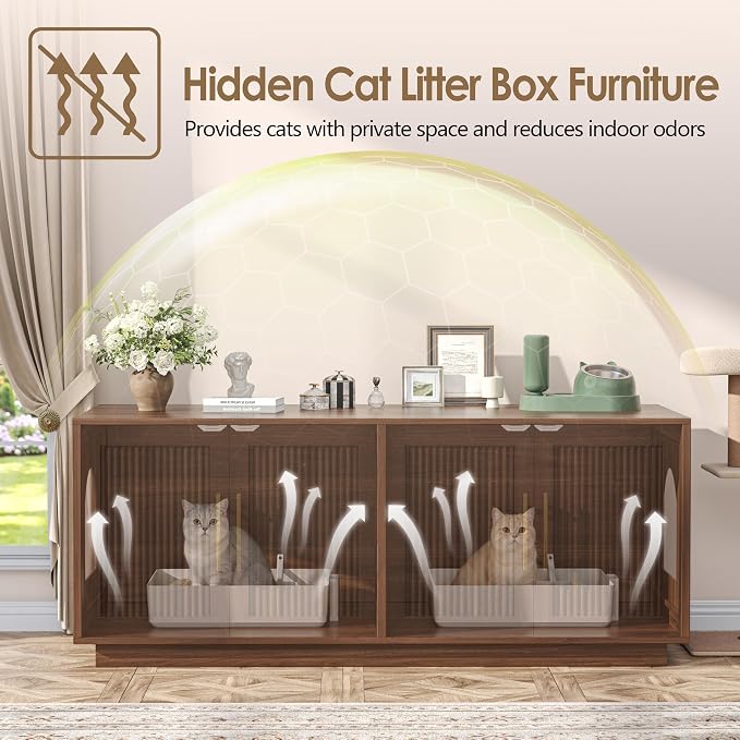 Fluted Cat Litter Box Enclosure, 47.2" Large Double Hidden Litter Box Furniture Cabinet for 2 Cats, Indoor Cat House, Modern End Table for Living Room, Entryway, Bedroom, Walnut