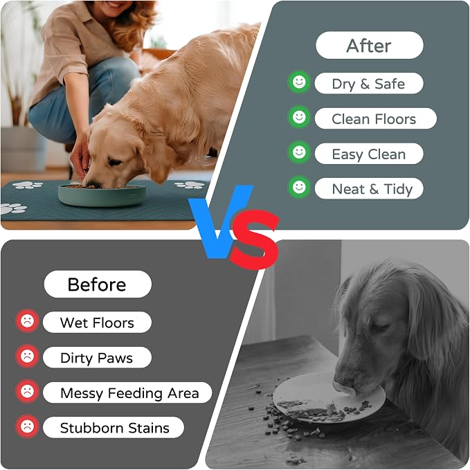 Pet Feeding Mat-Absorbent Dog Feeding Mat for Food and Water Bowl,No Stains Pet Placemat,Quick Drying Water Dispenser Mat for Dog and Cat,Easy to Clean Dog Accessories(L,Black Gray Paw)