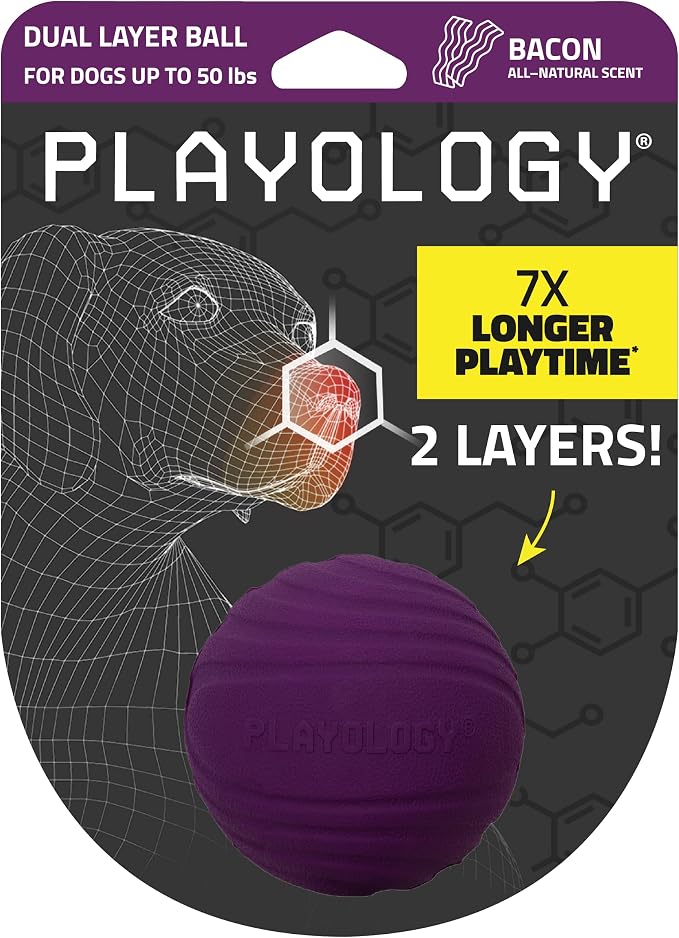 Playology Dog Toys | Dual Layer Ball Durable Chew Toy for Tough Chewers | Bacon Scented Medium Dog Toy | Chew Toys for Dogs