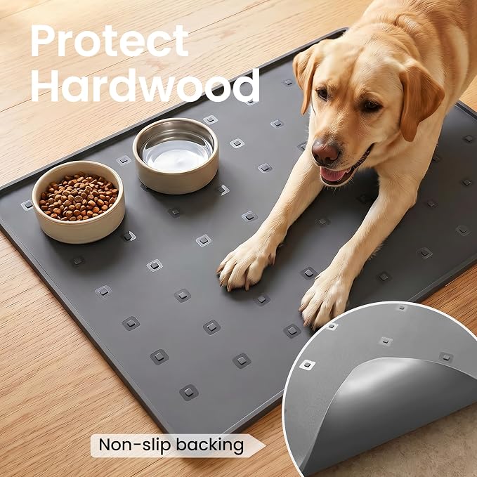 Silicone Pet Feeding Mat, 26x18 Inch Waterproof Dog Bowl Mat – Non-Slip, Machine Washable, Thin 0.28 Inch Edge for Messy Eaters, Protects Hardwood & Tile Floors, Dark Grey
