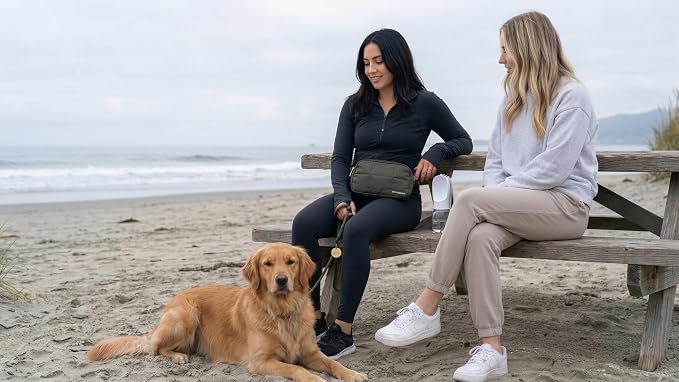 Premium Hands-Free Dog Walking Kit 4-in-1 Crossbody Fanny Pack, 78inc HeavyDuty Rope Leash,12oz Water Bottle & Poop Bag Dispenser, Hands-Free Kit for Running, Hiking&Training(Olive Green)