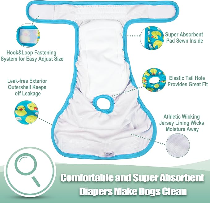 wegreeco Washable Female Dog Diapers Highly Absorbent Reusable Diapers for Dog in Heat Period, 3 Pack (Yellow Ducks, X-Large)