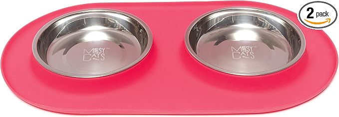 Messy Cats Double Silicone Feeder with Stainless Saucer Shaped Bowl | Anti-Slip Non-Skid Cat Food Bowls | Two Cat Bowls in Feeding/Water Station | 1.75 Cups per Bowl (Watermelon)