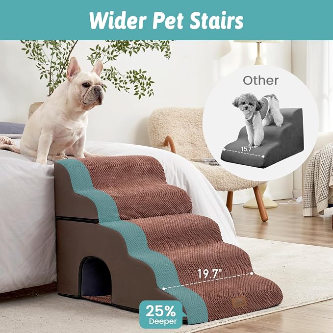COZY KISS Wide Dog Stairs with Tunnel, Foam Detachable Large Dog Step for Small Pet, Puppy or Cats, Medium Pet Ramp for High Bed, Couch, Sofa or Car, 19.7x33x22.4 inch, 5 Step, Brown