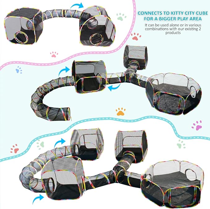 Outdoor Cat Enclosure, 2-in-1 Portable Pop Up Cat Mesh Tent with Tunnel for Cat Run, Easy Set Up and Foldable Catio Playground for Indoor Cats, Rabbits & Small Animals, Includes Storage Bag