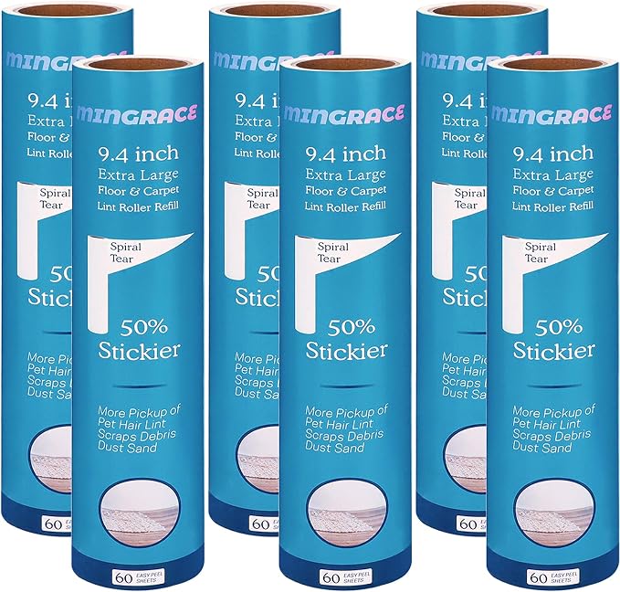9.4 inch Extra Large Lint Roller Refills for PetLovers Extra-Wide 9.4 inch Giant Floor Lint Roller, 50% Stickier, Pack of 6 Refills, 60 Sheets per Refill, 360 Sheets Total