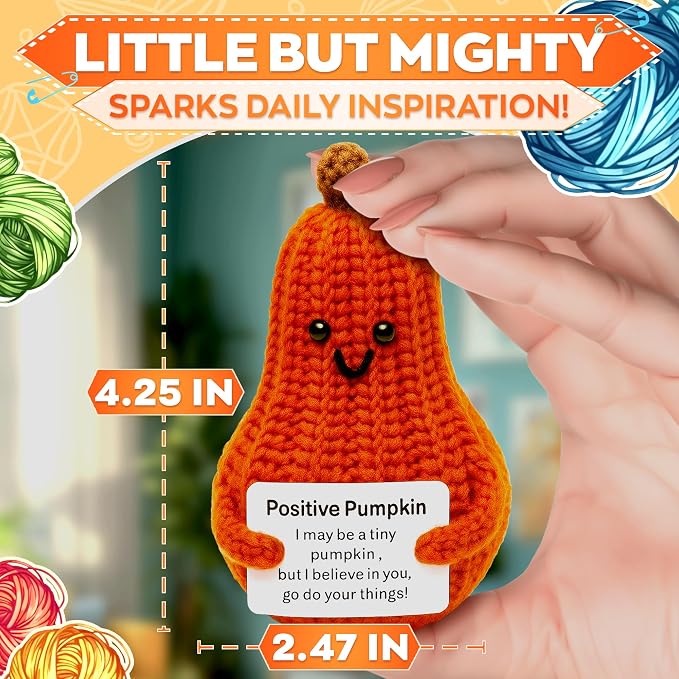 Reluen Positive Affirmation Pumpkin Crochet Dolls - Valentines Day Gifts Knitted Toys Home Office Decor Mini Dolls for Women - Positive Affirmation Gifts Desk Decorations Crochet Gifts, Orange