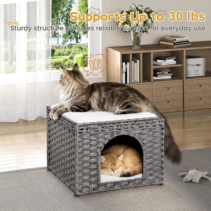 Snughome Handwoven Rattan Cat House - Indoor Foldable Cat Bed Cave with 2 Removable Bed Mats, Large Kitten House, Hideaway Pet Cube, 16.54 x 16.54 x 12.6 Inches, Grey, for Living Room & Bedroom