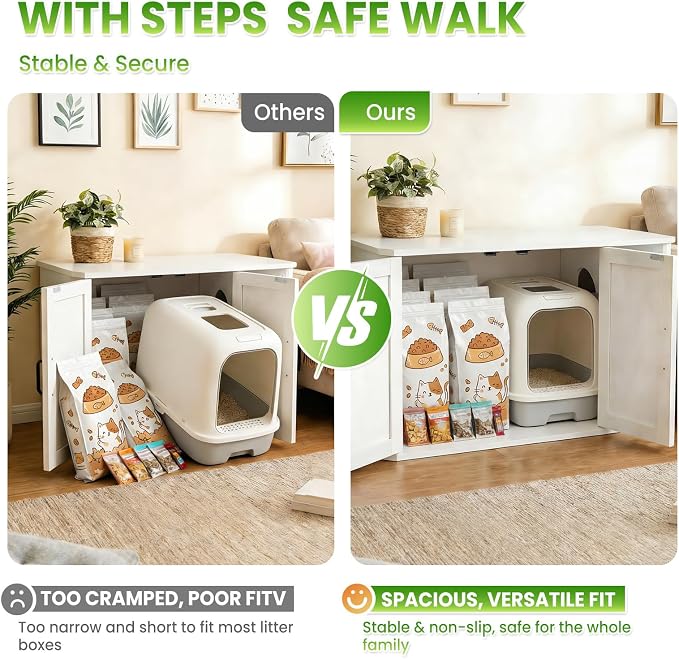 Modern Wooden Cat Litter Box Enclosure, Hidden Washroom Cabinet with Double Doors and Side Entry, Large Cat House End Table, Easy-Clean Sturdy Furniture