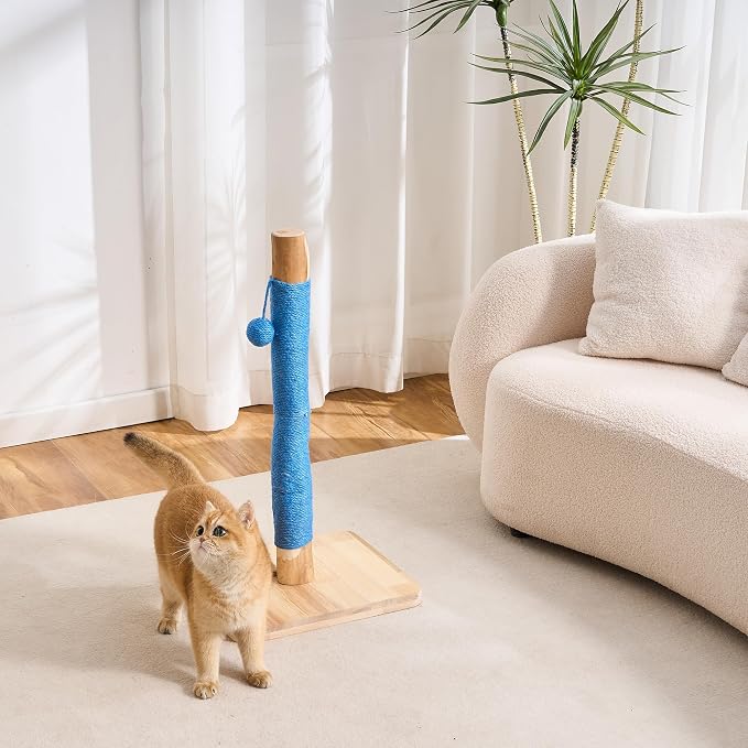 29" Tall Solid Wood Cat Scratching Post for Indoor Cats, Extra Stable Heavy Base, Natural Sisal Scratcher with Hanging Ball, Furniture Protector for Kittens & Adult Cats, Blue