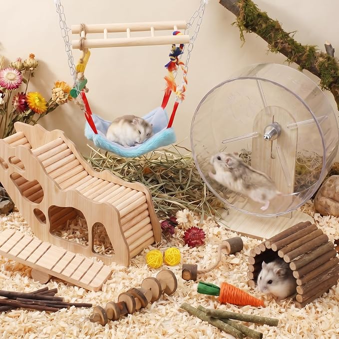 11 Pcs Hamster Cage Accessories Set, Bridge, Exercise Wheel, Swing, Chew Toys & More, Natural Wood Hamster Play Set for Dwarf Hamsters, Mice Small Animals Habitat (Maze Tunnel)
