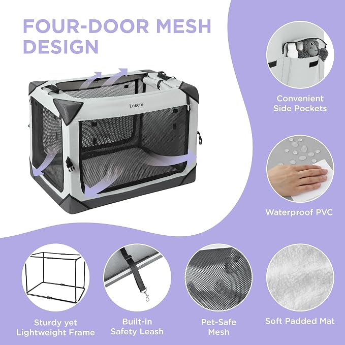 Lesure Collapsible Dog Crate - Portable Travel Kennel for Large Dog, 4-Door Pet Crate with Mesh Windows, Indoor & Outdoor, Light Gray