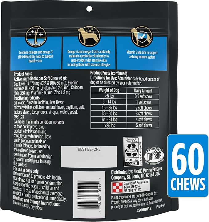 Purina Pro Plan Veterinary Skin Care Soft Chew Dog Supplements with Omega-3 Fish Oil, EPA, DHA to Support Seasonal Allergies & Strong Immune System - (Pack of 1) 60 ct. Pouches