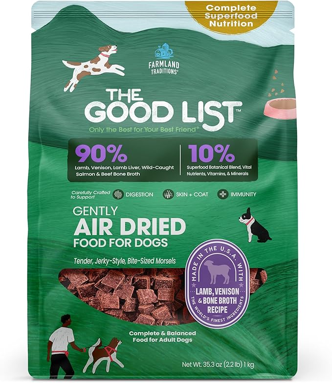 Farmland Traditions The Good List Air-Dried Dog Food, Premium Lamb, Venison, & Bone Broth for Dogs, Protein Rich & Grain-Free Nutrition, 5.5 Pound Bag