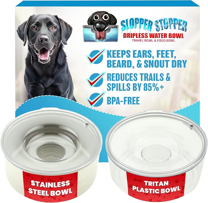 Slopper Stopper Stainless Steel Dripless Water Bowl with Tritan Plastic Lid, Holds 1 Gal, Reduces Spills & Trails Up to 85%+, Water Bowl for Giant Breed Dogs (86-130 lbs), The Original Slobber Stopper