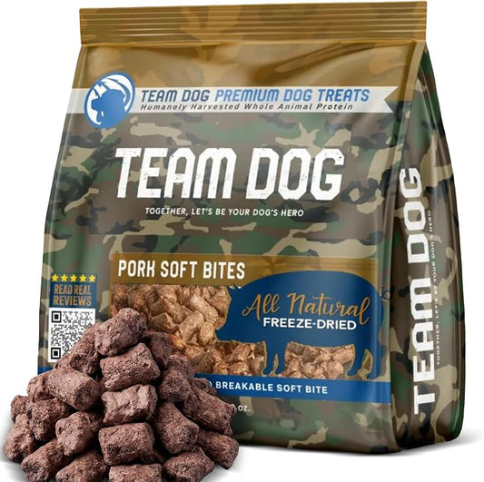 Team Dog Freeze-Dried Raw Pork Soft Dog Treats & Dog Food Topper | Grain Free Dog Treats for Training | 100% USA-Sourced Pork for Cleaner Teeth, Digestive Health & Muscle Growth | 14 oz Bulk Size