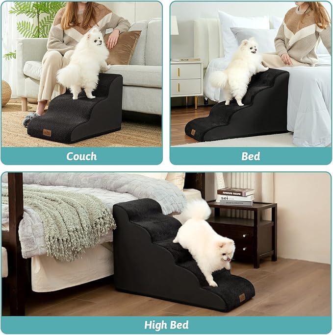 COZY KISS Wide Dog Stairs for Small Dog 19.7" H, Pet Step for Puppy, Older Cat, Curved Ramp for Bed, Durable Anti-Slip Ladder with High Density Foam, 4 Step, 17.7x28x19.7 inch, Black