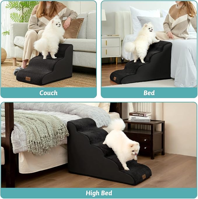 COZY KISS Wide Dog Stairs for Small Dog 15.7" H, Pet Step for Puppy, Older Cat, Curved Ramp for Couch, Durable Anti-Slip Ladder with High Density Foam, 3 Step, 17.7x22.4x15.7 inch, Black