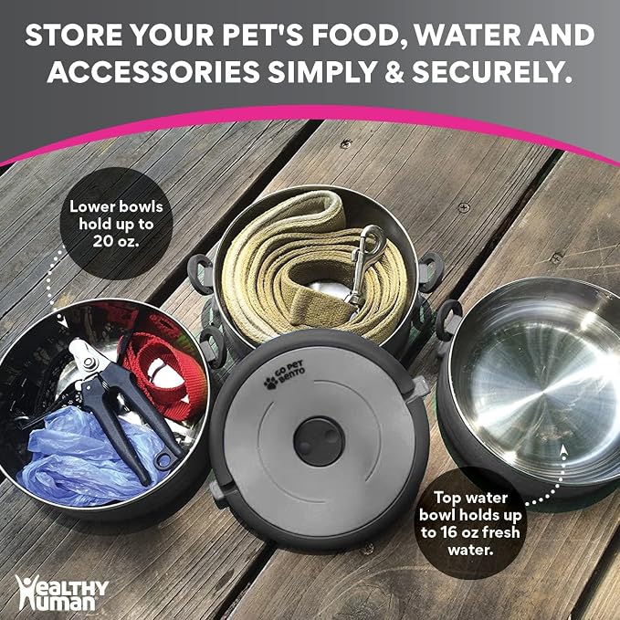 Healthy Human Travel Pet Bento Bowls - Human-Grade Stainless Steel & BPA-Free, Leak-Proof Water & Food Container Set for Dogs & Cats, 4-Pack Interlocking Bowls, Includes Spare Clips & Handle (Gray)