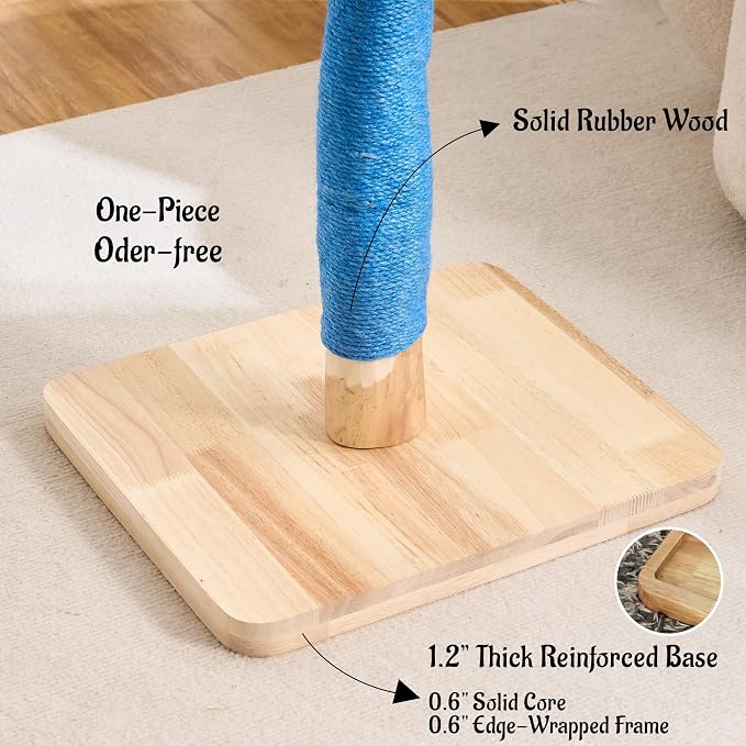 29" Tall Solid Wood Cat Scratching Post for Indoor Cats, Extra Stable Heavy Base, Natural Sisal Scratcher with Hanging Ball, Furniture Protector for Kittens & Adult Cats, Blue