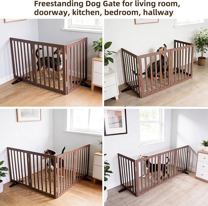 ZJSF Freestanding Indoor Dog Gate for House Foldable Wood Puppy Gate for Doorways Pet Gate for Stairs Extra Wide Pet Fence, Brown, 24" Height 3 Panels