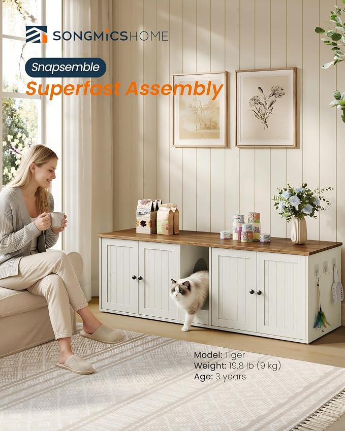 SONGMICS Home Cat Litter Box Enclosure, Snapsemble Superfast Assembly, Double Litter Box Furniture Cabinet Hidden with Collection Drawer, Hooks, Cat House, Rustic White and Honey Brown UPCL235WJ02S