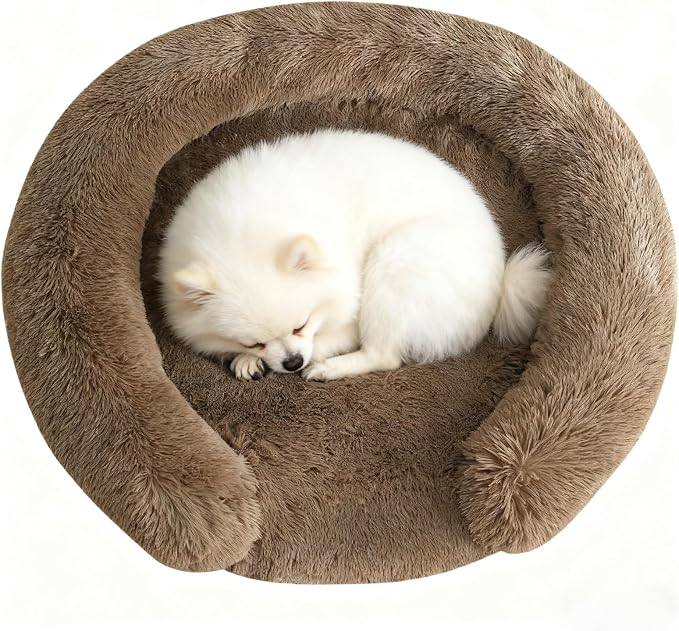 Calming Dog & Cat Beds with Orthopedic Egg-Crate Foam Raised Rim, Soft Fluffy Faux Fur Pet Bed for Small Medium Dogs, Anxiety Relief Spine Support, Machine Washable Cover (Round, Coffee 20")