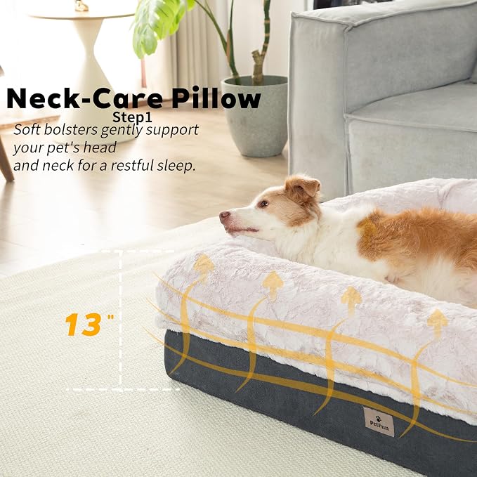 Memory Foam Dog Bed, Extra Large Orthopedic Dog Sofa with Sides and Waterproof Liner, Washable Bolster Pet Bed Couch with Removable Cover, Jumbo Plus | 60 inch, Off-White