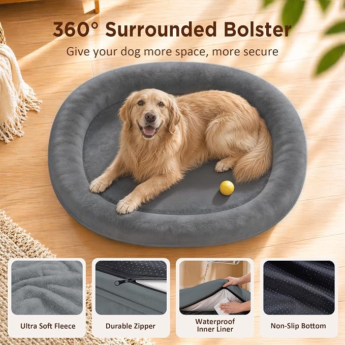 Orthopedic Dog Bed for Large Dogs, Waterproof Dog Bed for Large Size Dogs with Bolsters, Egg Crate Foam Sofa Bed with Washable Removable Cover & Non-Slip Bottom, Grey