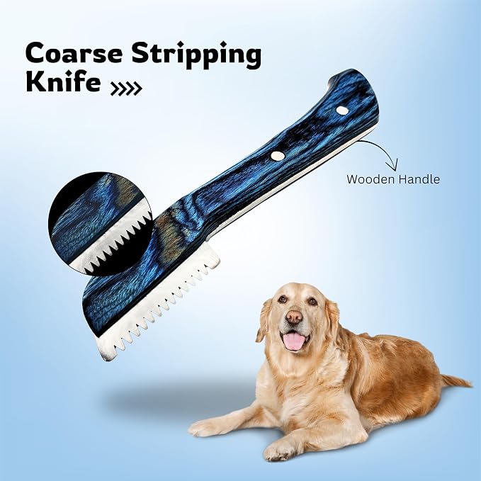 Professional Dog Grooming Stripping Knife Kit – 6-Piece Pet Grooming Tool Set with Stainless Steel Blades & Wooden Handles for Undercoat Removal, Deshedding, Coat Thinning Natural (Blue)