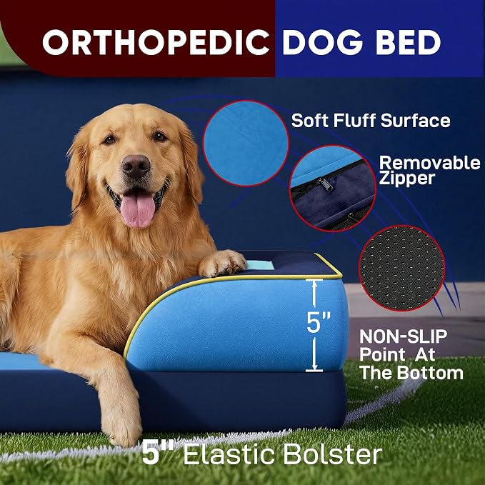 Comfort Expression Orthopedic Dog Bed for Large Dogs 36x27 Inch, Waterproof Egg Crate Foam Large Pet Bed with Bolsters, Dog Couch with Washable Cover & Non-Slip Bottom, New Jersey