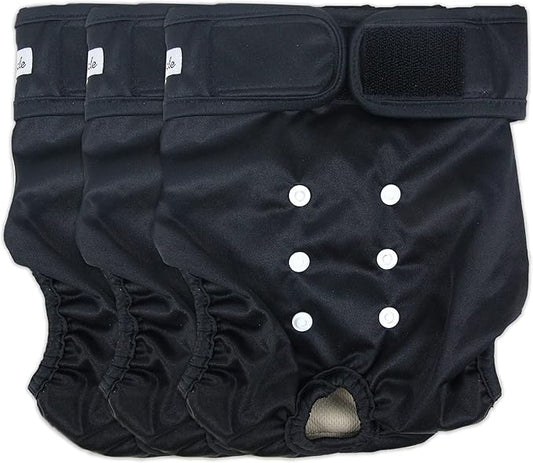 Washable Female Dog Diapers - Premium Reusable Diapers for Doggie in Heat - Highly Absorbent Dog Diapers Female for Pet Incontinence with Adjustable Snaps(Black, XL)