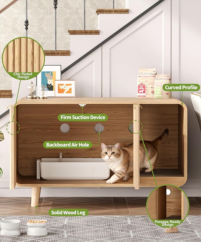 Fluted Cat Litter Box Enclosure with Solid Wood Legs, Hidden Cat Litter Cabinet, Modern Cat House Furniture, Reduce Litter Tracking, 31.5 x 19.7 x 22 Inches, for Living Room, Bedroom, Oak