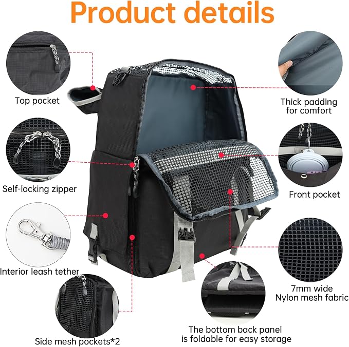 Cat Dog Backpack Carrier for Hiking Travel Portable Water-Repellent Pet Daypack for Dog Cat Below 7kg/15.5lbs -Black