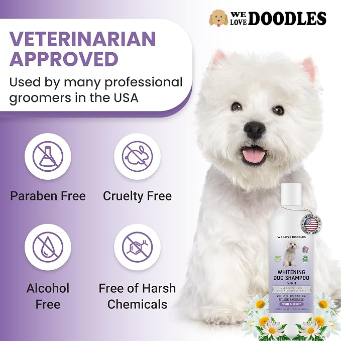 We Love Doodles Whitening Dog Shampoo & Slicker Brush - Made in USA, Brightening Dogs Fur, Removes Stains & Discoloration, for Grooming Pet Hair, Long Pin Brush for Dematting