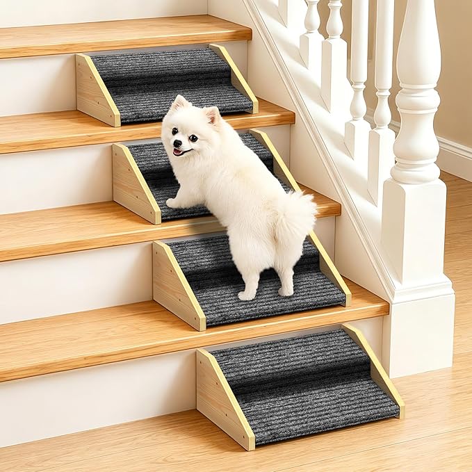 4 Pack Dog Ramp for Stairs-2-Step Wooden Pet Ramp with Non-Slip Carpet for Small Dogs,Gentle Slope Support for Senior Injured Aging Short-Legged Pets,Indoor Use