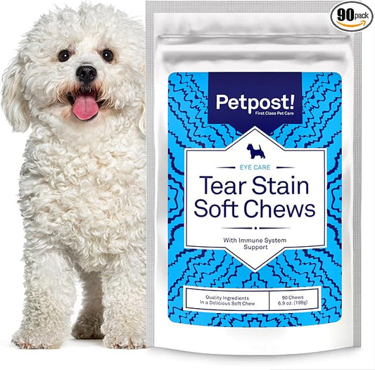 Petpost Tear Stain Remover Soft Chews for Dogs | 90 Count Cheese Flavor Dog Tear Stain Support Supplement | Gentle Eye Care for White Dogs & Light Breeds | Tylosin Free, Made in USA