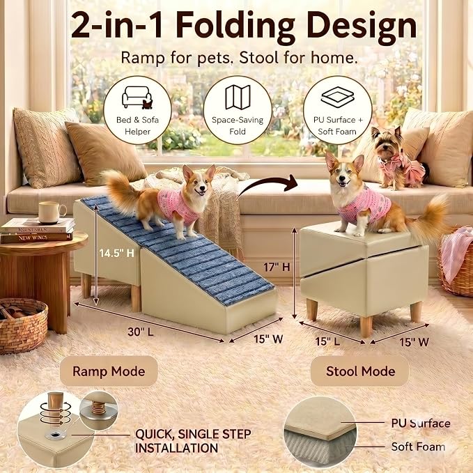 Dog Stairs for Small Dogs, Dog Stairs for Couch& Bed, Non-Slip Foldable 2-in-1 Pet Steps for Cats, Leather Ottoman (Khaki, Large)