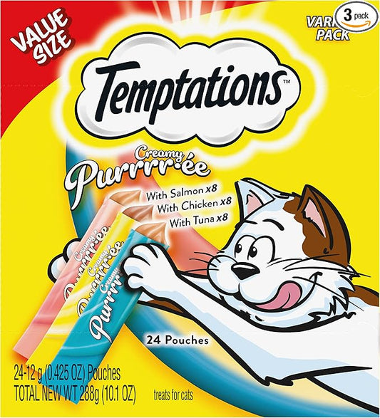 Temptations Creamy Puree Squeezable Lickable Cat Treats, Wet Cat Treats with Chicken, Salmon, and Tuna Variety Pack, 0.42 oz. Tubes, 24 Count, Pack of 3 (72 Total)