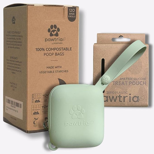 Pawtria Walk Duo Set: Dog Poop Bags (120) + Premium BPA Free Silicone Treat Case (3.25"H X 2.75"L), BPA-Free, Leak-Proof, Light, Durable, Supports Rescue Dogs (Treat Case + 120 Poo Bags)
