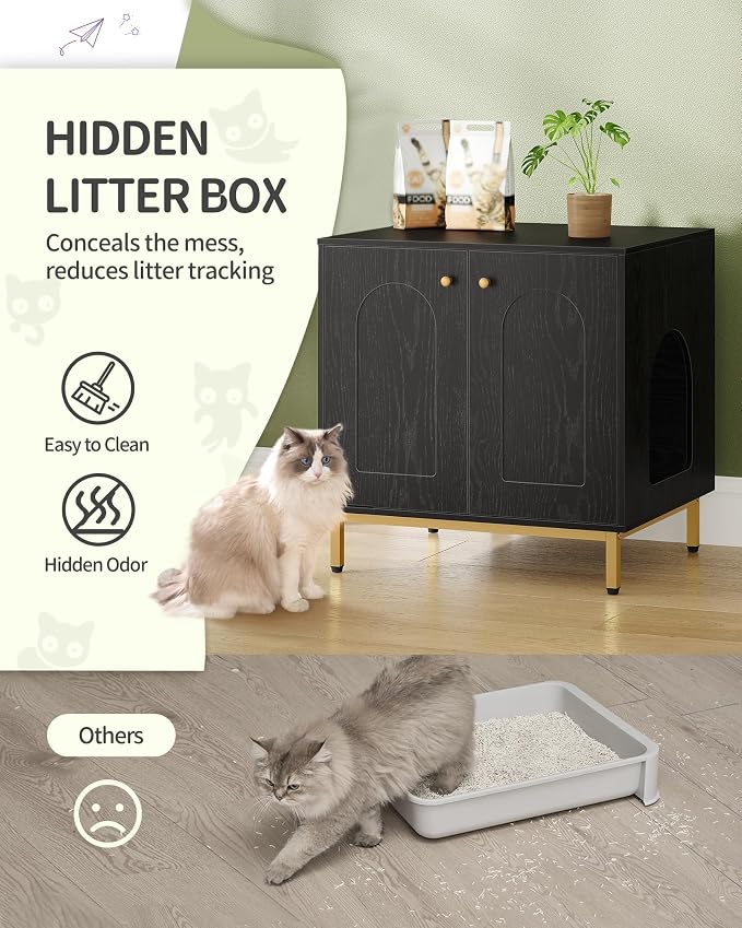 Hzuaneri Cat Litter Box Enclosure, Hidden Litter Box Furniture Cabinet, Wooden Indoor Cat House, Side End Table, Living Room, Bedroom, Black and Gold CB81204G