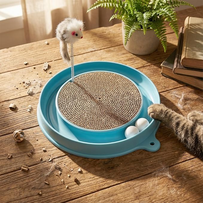 AceOrbit 3 Pcs Cat Ball Track Toy, Include 1 Round Cat Scratcher Toy with 2 Cats Scratching Board Pad Replacement, Interactive Toys Track and Plush Mouse Toys for Indoor Cats Kitten