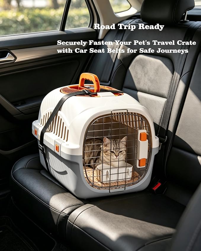 Cat Carrier Airline Approved, Portable Pet Travel Crate with Anti-Stress Design for Cats & Small Dogs, Car Safe Kennel with Top Window (Grey)