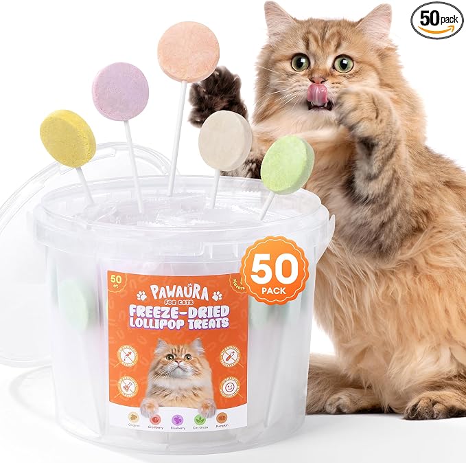 50 Pack Freeze Dried Cat Lollipop Treats, 5 Flavors, 70% High Protein Natural Cat Treats for Hairball Control & Urinary Health, Interactive Cat Toy,Cat Birthday Treats& Food Toppers