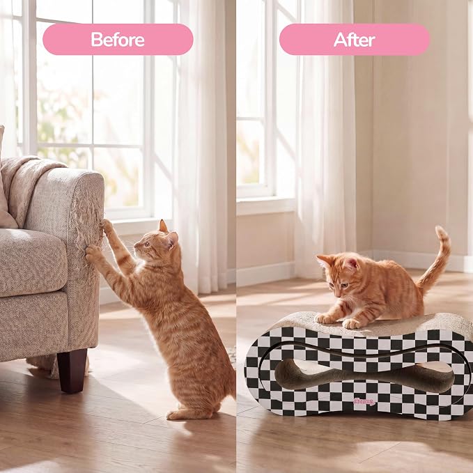 Suvi 26" Modern Cardboard Infinity 2-in-1 Lounge Bed Cat Scratcher with Catnip, Black/White Checker, Corrugated Scratching Surface and Tunnel CSR1014K