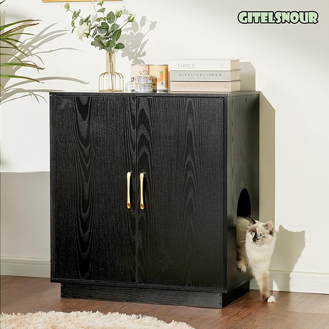 Gitelsnour Litter Box Enclosure, 30.9'' High Large Litter Box Furniture, Modern Cat Litter Box Enclosure with Hidden Storage, Side Table, End Table, Black GCLB003BK