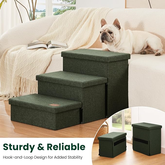 Love's cabin Dog Stairs for High Bed 18" H, Foldable Pet Stairs for Small Medium or Large Dogs Puppy with Storage for Bed or Couch, Cat Dog Steps Ramp with Zip up to 200 lbs, Dark Green, 3 Steps