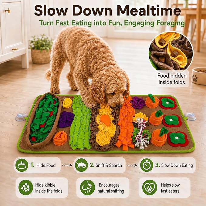 Snuffle Mat for Dogs – Extra Large 32'' x 20'', Washable Slow Feeder Dog Toy, Durable Interactive Dog Puzzle for Mental Stimulation & Nosework Training, with Anti-Slip Suction Cups