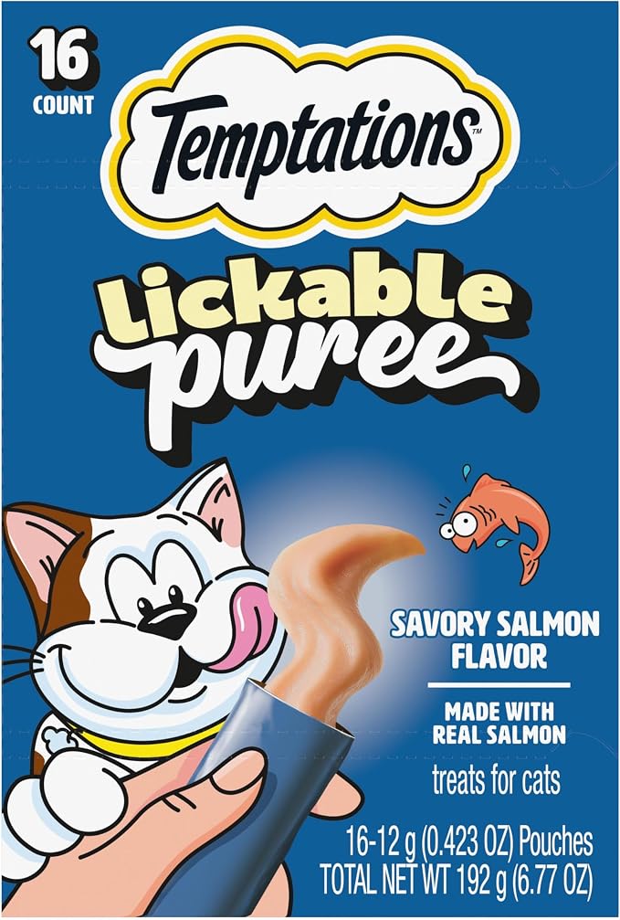 Temptations Creamy Puree Squeezable Lickable Cat Treats, Wet Cat Treats with Salmon, 0.42 oz. Tubes, 16 Count