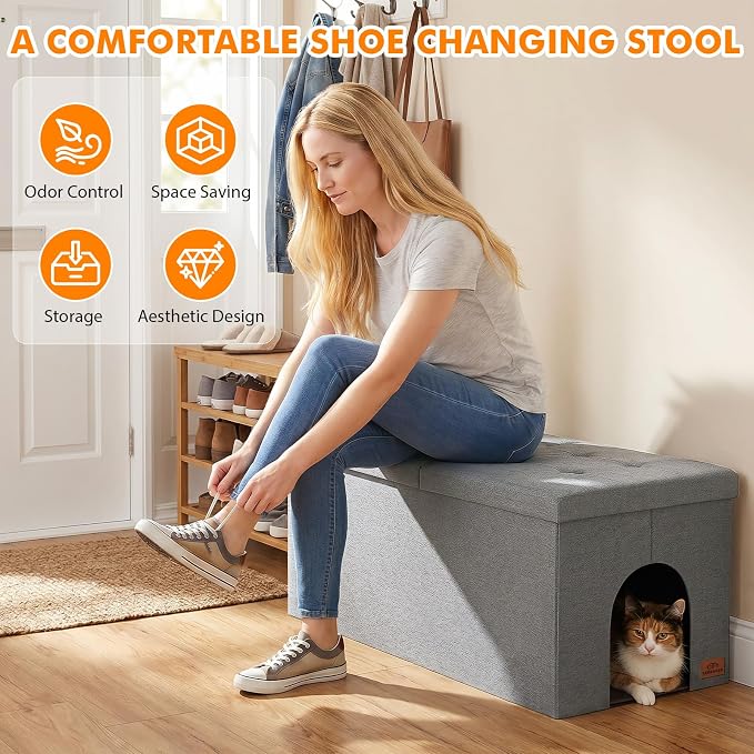 Zerbuger Cat Litter Box Enclosure Furniture for Odor Control, Hidden Cabinet Cats Litter Ottoman with Flip-Up Lid,Cat Litter Box Bench with Storage Space, Dog Proof (Light Grey, X-Large)